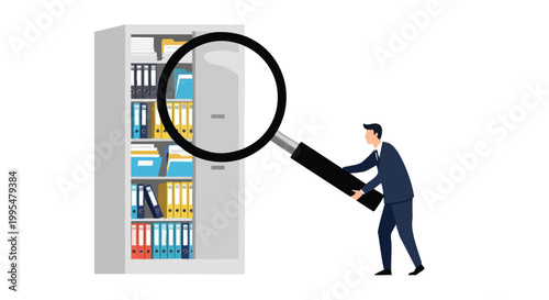 Man searching documents. Business data search. Information management illustration. Office organization concept.