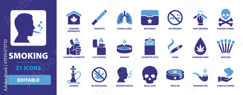 Smoking Solid Vector Glyph Icon Set with cannabis dispensary, cigarette, human lungs, matchbox, no smoking, quit smoking, danger symbol, and lighting cigarette for health awareness.