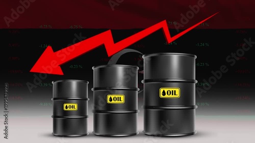 Libya Flag with Oil Barrels and Red downward Arrow Rising Crude Prices Economic Growth
