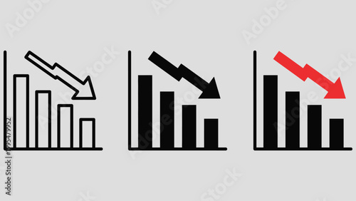 Falling bar chart icon showing business decline and negative trend. Analytics and statistics graphic for finance reports, market loss, revenue decrease, risk assessment, performance analysis.