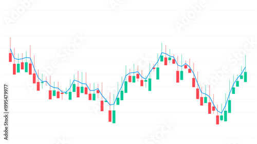 Stock market trading chart with red and green candlestick bars and a blue trend line showing financial data fluctuations