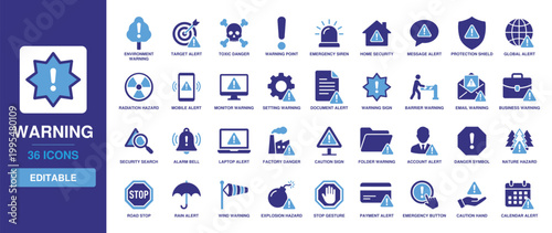 Warning Vector Icon Set with environment warning, target alert, toxic danger, warning point, emergency siren, home security, and message alert for safety and protection.
