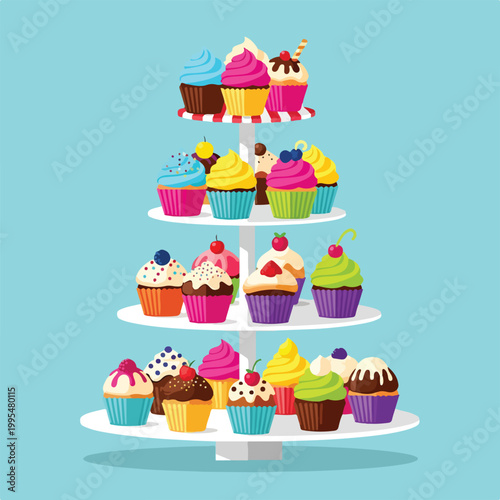 A colorful cupcake tower with various cupcakes