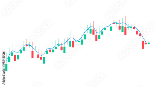 Financial stock market chart with red and green candlestick bars and a blue trend line showing price movement and market volatility