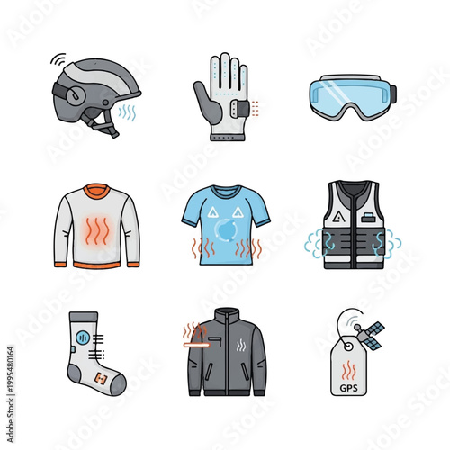 Skiing gear and clothing set.