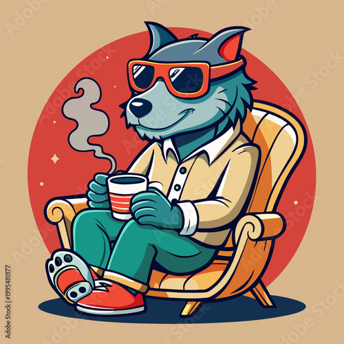 Cool Anthropomorphic Wolf Relaxing in Armchair with Hot Coffee Mug Illustration