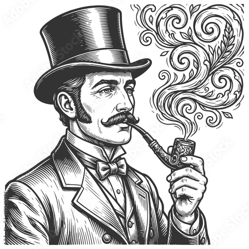 Victorian man smoking a decorative pipe, with swirling smoke patterns creating an artistic, elegant atmosphere sketch engraving generative ai vector illustration. Scratch board. Black and white.
