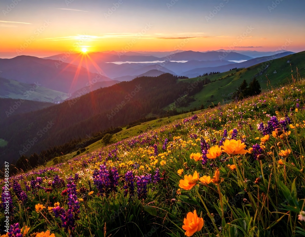 Obraz premium Mountain flowers bloom as the sun sets over the distant ridges