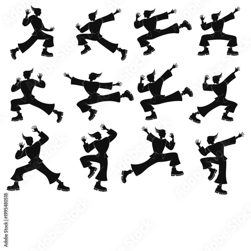 Martial Artist Training Poses Sequence Flat Vector Illustration
