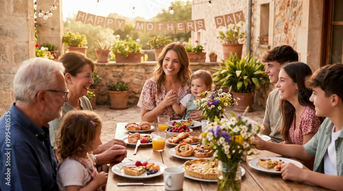 Multi-generational family enjoying a festive outdoor brunch on Mother's Day