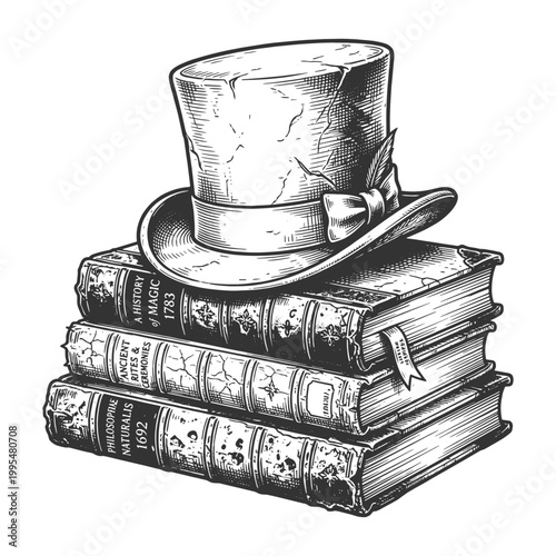 classic top hat placed on a stack of old worn books, symbolizing knowledge, history, and Victorian elegance sketch engraving generative ai vector illustration. Scratch board. Black and white image.