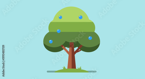 Stylized Flat Design Tree with Blue Berries on Light Blue Background