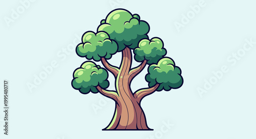 Stylized Green Tree with Full Canopy and Thick Trunk on Light Blue Background