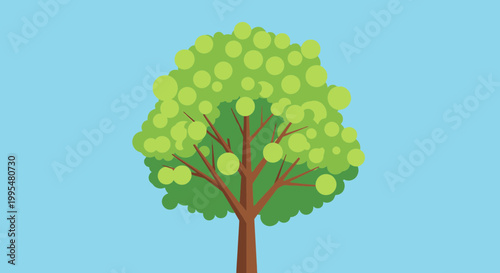 Stylized Green Tree with Fruits on Blue Sky Background, Flat Design