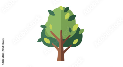 Stylized Green Tree with Leaves Icon, Flat Design, Isolated on White Background