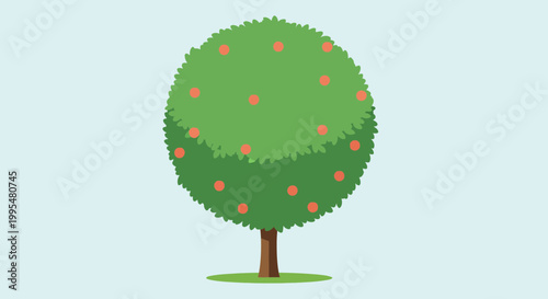 Stylized Green Tree with Orange Fruits on Light Blue Background