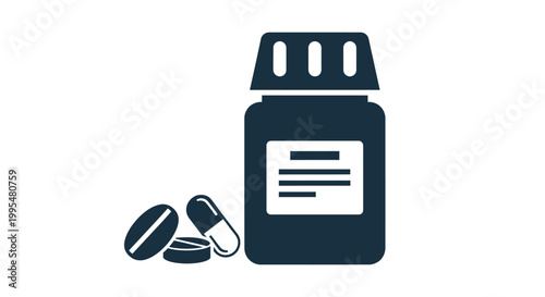 Flat vector illustration showing a medical pill bottle and several small capsules for healthcare design projects