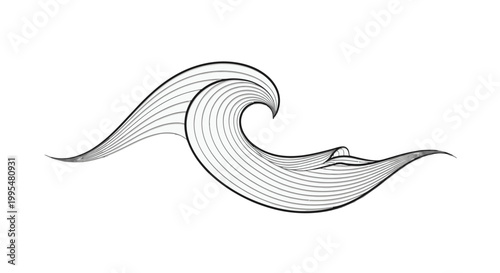 Abstract flowing ocean wave line art, isolated white background