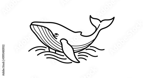 Calm cartoon whale swimming peacefully on ocean waves, isolated white background