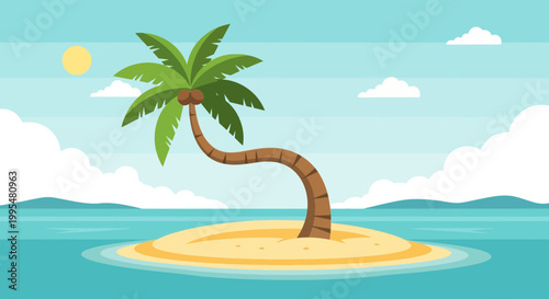 Tropical Island Paradise with Palm Tree and Ocean
