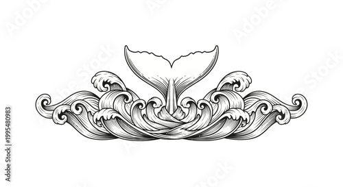 Detailed Outline Whale Tail with Stylized Ocean Wave isolated white background