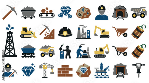 Mining industry icons and equipment for resource extraction and construction.