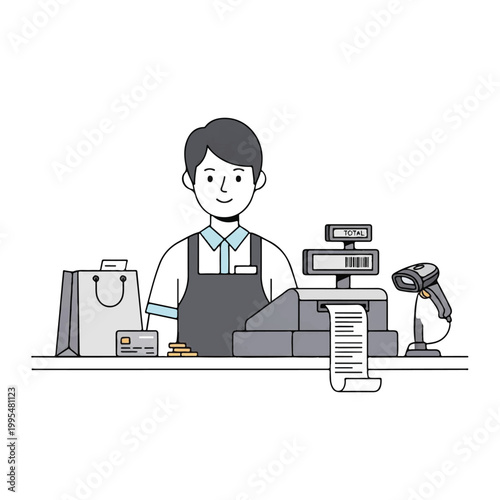 Smiling cashier standing behind counter.