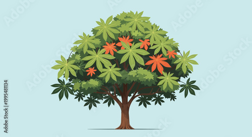 Vibrant Green Tree with Orange Leaves Illustration on Light Blue Background