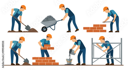 Construction Workers Building Process. Industrial Labor Illustration. Flat Design Vector. Development Stages Concept.