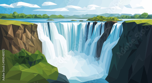 Vibrant Polygonal Waterfall Landscape with Lush Greenery and Blue Sky