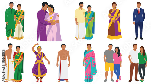 Traditional Indian couples and individuals dressed in festive ethnic wear.