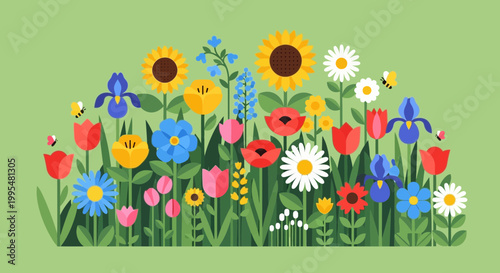 Fotografie Vibrant Spring Flower Garden with Bees, Flat Design Illustration