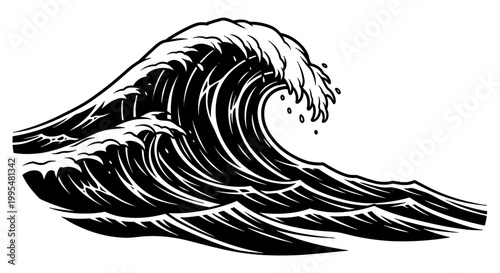 Powerful Black and White Ocean Wave Crashing with Foam Isolated White Background