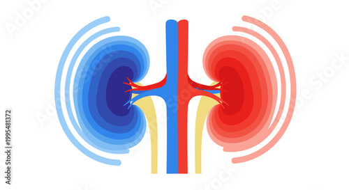 Colorful medical illustration depicting kidney pain with stylized red and blue kidneys, emphasizing circulatory connections on a white background
