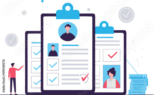 A person reviewing resumes on clipboards with checklists and profiles