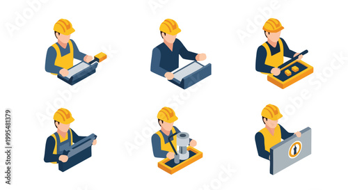 Isometric Construction Workers Set. Builder Characters. Flat Vector Icons. Industrial Work Concept.