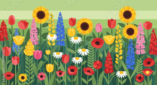 Vibrant Spring Meadow Garden with Diverse Blooming Flowers