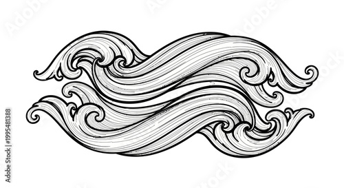 Ornate Traditional Japanese Wave Pattern Black and White Isolated White Background