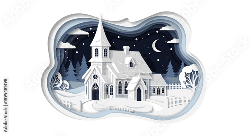 Illustration of a snow-covered church on Christmas Eve under a starry night sky, featuring intricate paper-cut style with moonlit landscape