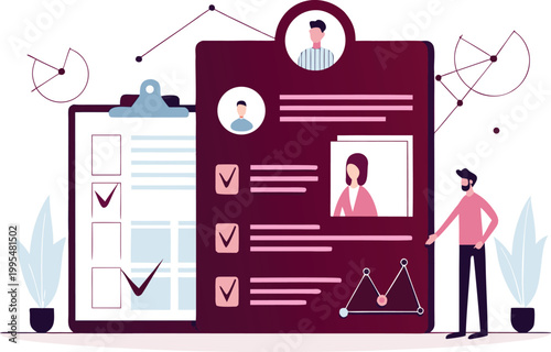 A man views a large digital resume on a screen with a checklist and profile information