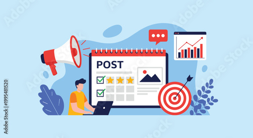 Social media manager plans content strategy with a calendar, megaphone, and target icons to boost digital marketing performance.