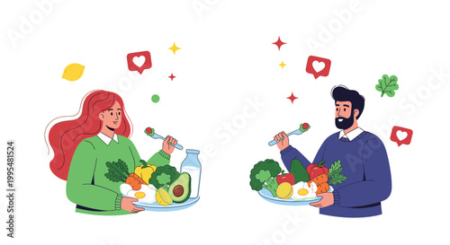 Happy couple enjoys a healthy meal of fresh vegetables and eggs while sharing their nutritious lifestyle on social media platforms.