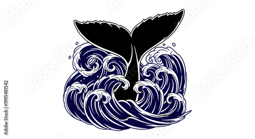 Dramatic Dark Blue Whale Tail Splashing Powerful Ocean Waves Isolated White Background