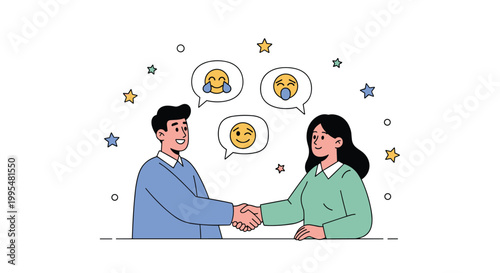 Two business professionals shake hands to reach an agreement while friendly emoji speech bubbles float above them in the workspace.