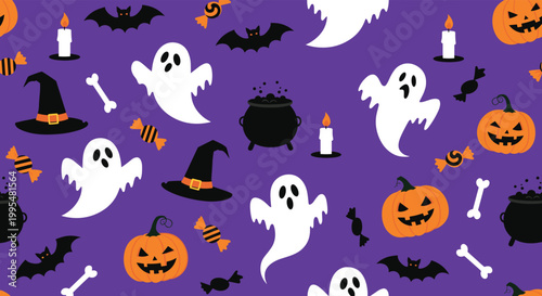 Seamless halloween pattern features spooky ghosts, carved pumpkins, flying bats, witches hats, candles, and colorful sweet candies.