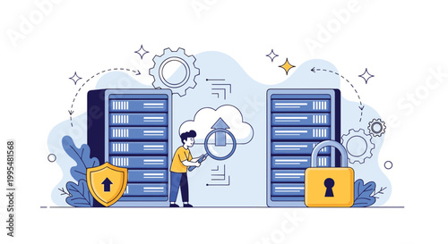 Data security analyst uses a magnifying glass to inspect a cloud server protected by a shield and a giant golden padlock icon.