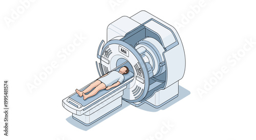 Illustrated person lying on an MRI machine bed in a medical setting with a white background, showcasing modern diagnostic technology