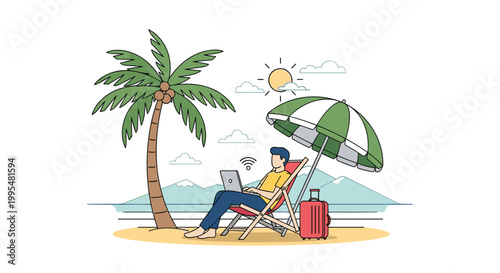 Digital nomad works on a laptop while relaxing in a beach chair under an umbrella on a beautiful tropical island with palm trees.