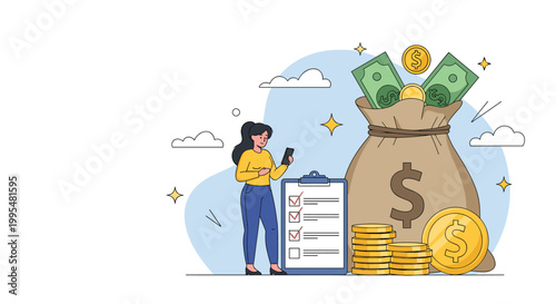 Successful woman manages her finances with a mobile app while standing next to a giant sack of money and a long investment checklist.