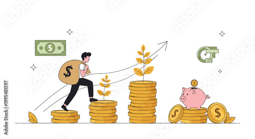 Ambitious man with a heavy money bag climbs a staircase made of golden coins to represent wealth growth and financial prosperity.